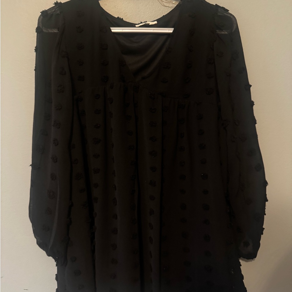 Black Textured Swiss Dot 3/4 length Sleeve top